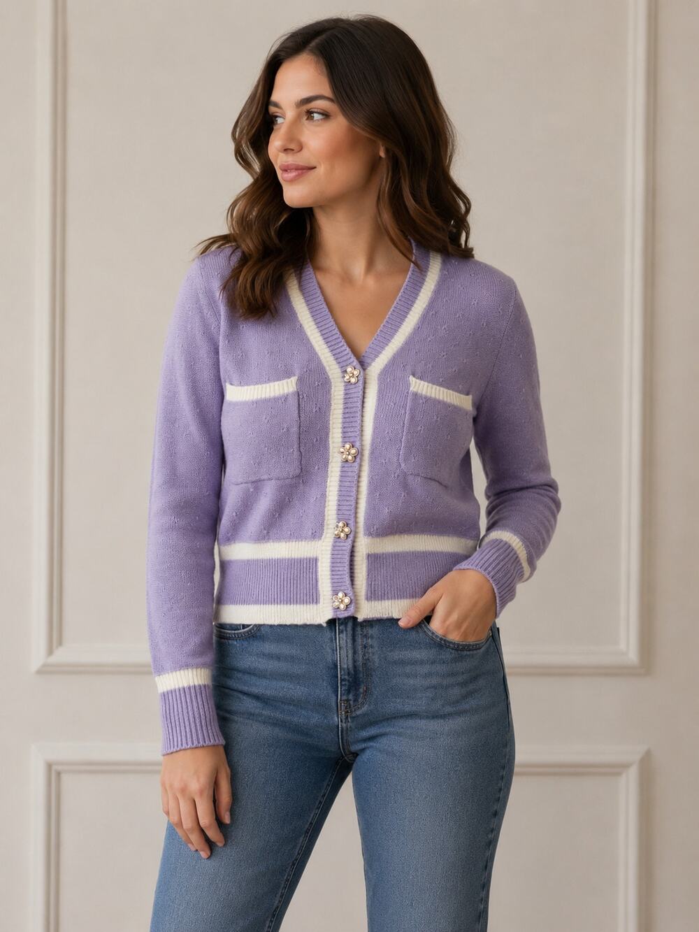 LR3706  Lavender Cropped Cardigan Sweater Large Pearl Flower Buttons